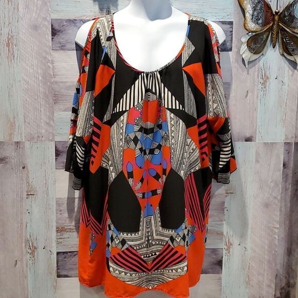 Multi-Color Print Cold Shoulder Blouse Dress Sz 1X  Gibson Latimer Plus Size - Picture 1 of 9